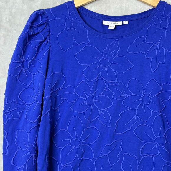 Chicos Top Womens Large Blue Knit Embroidered Floral Puff 3/4 Sleeve Stretch - Picture 3 of 10